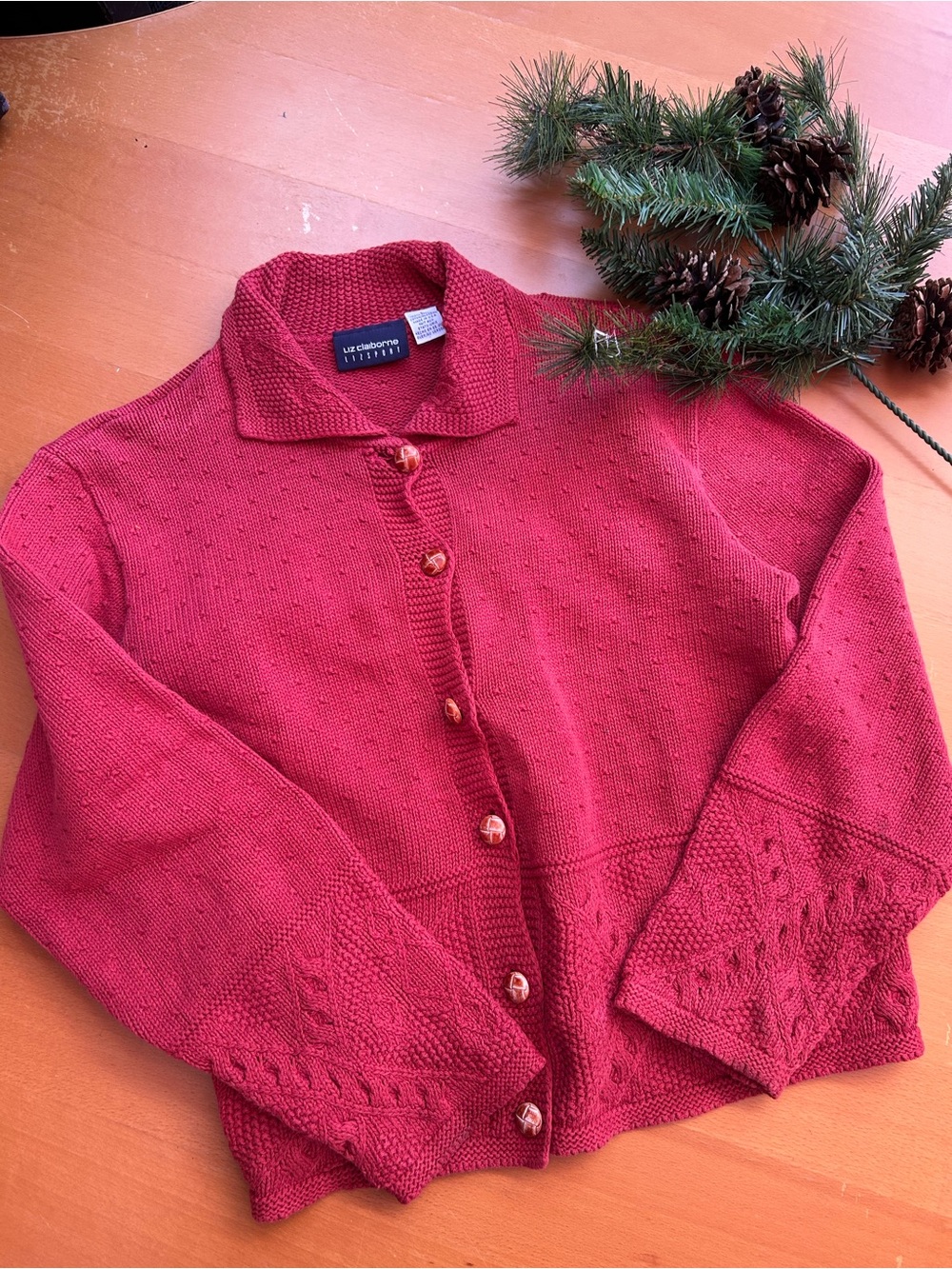 Vtg Liz Claiborne Deep Red Button-Front Knit Cardigan L